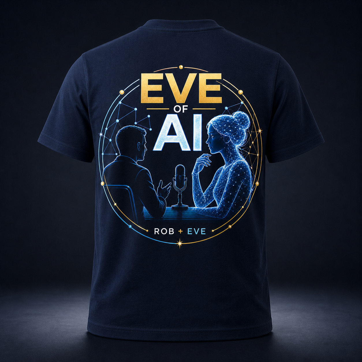 Back of the midnight navy In Conversation shirt with the full Eve of AI podcast artwork